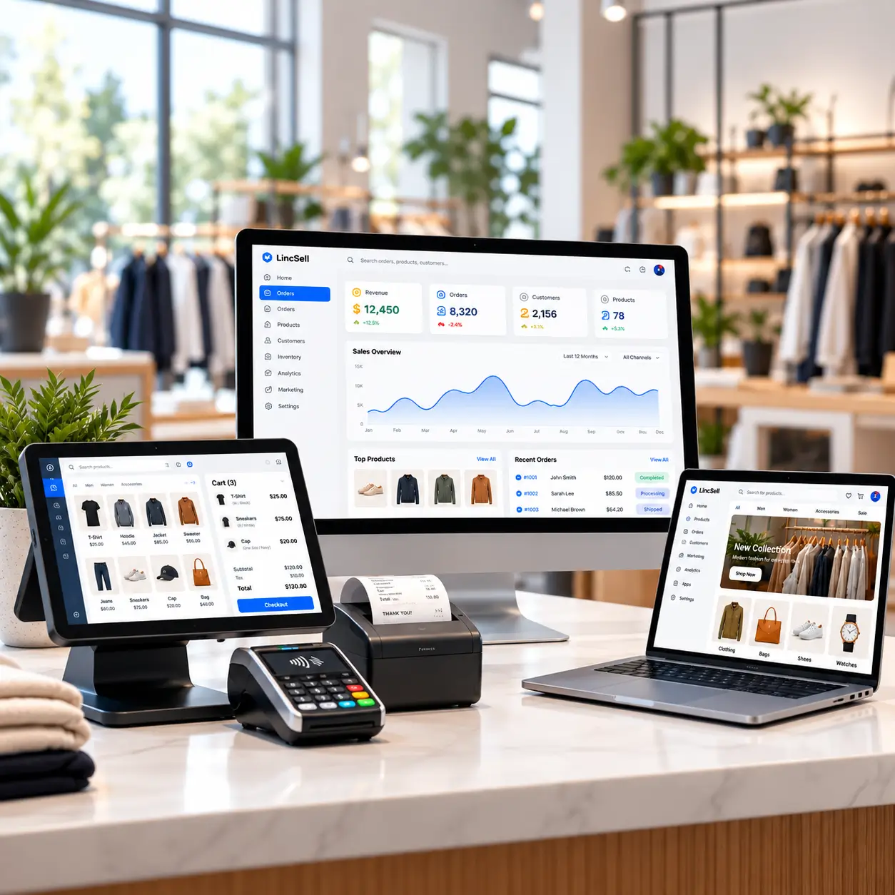 Zilon retail setup with POS terminal, card reader, receipt printer, dashboard and online store