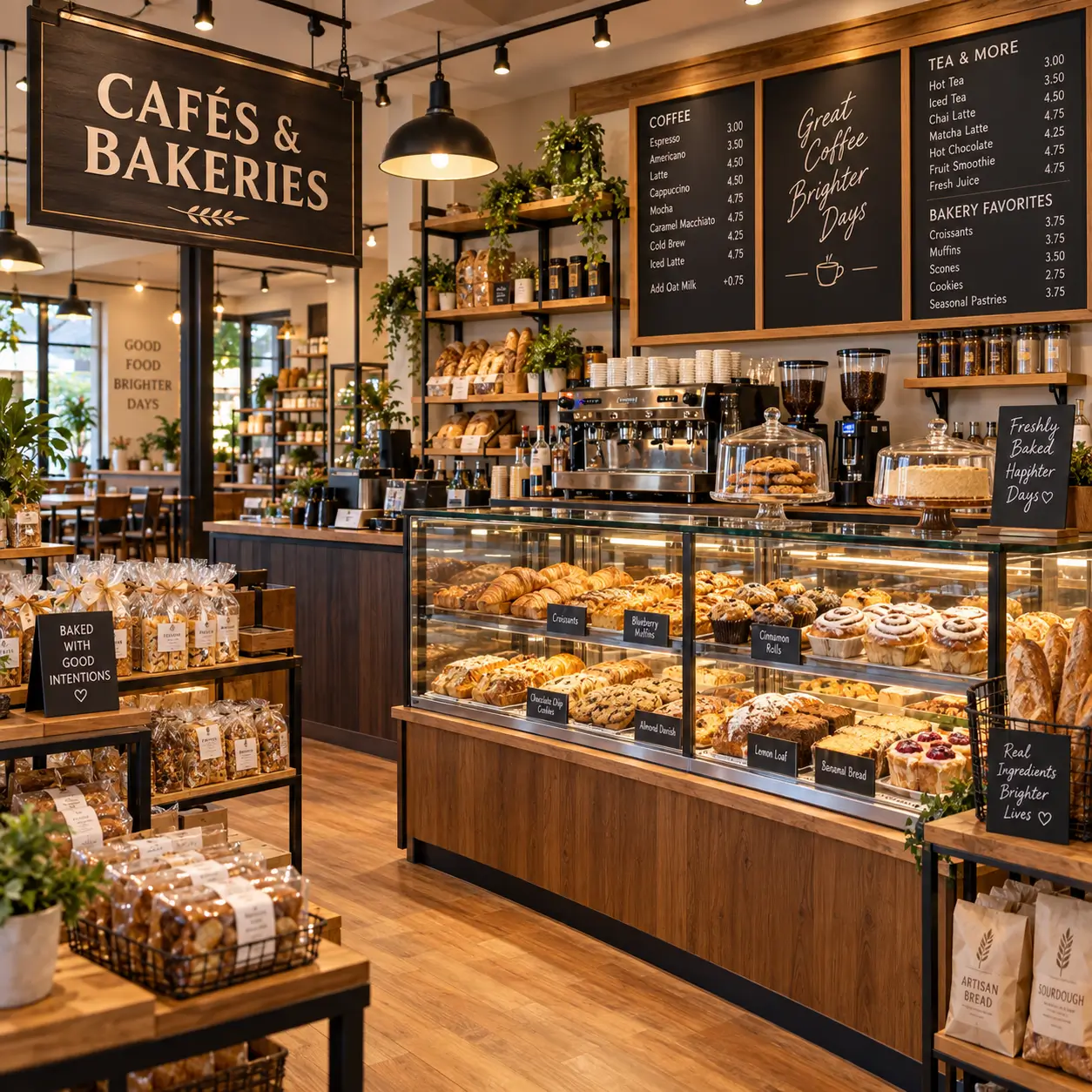 Café and bakery counter with coffee and fresh pastries
