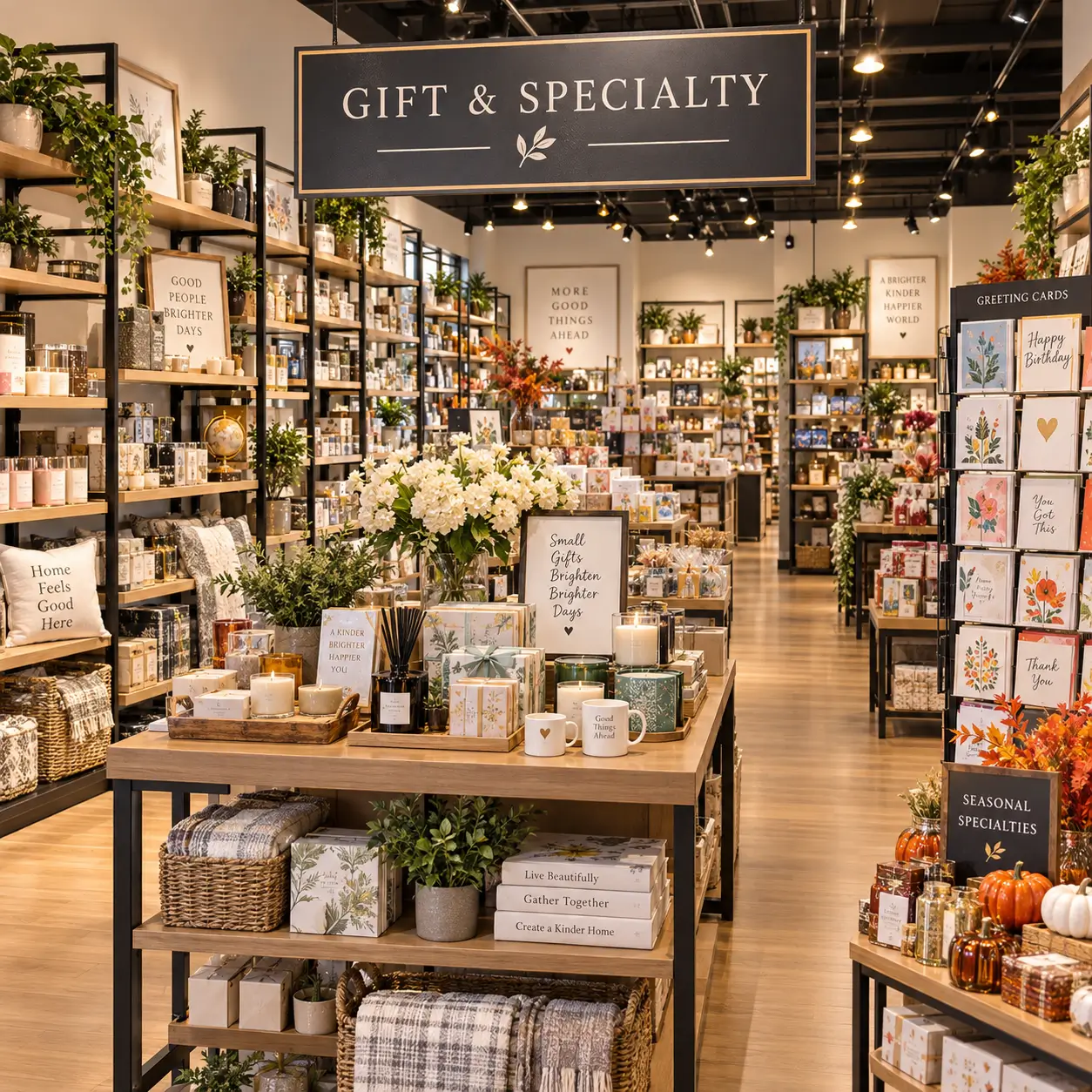 Gift and specialty retail store display of candles, cards, and home decor