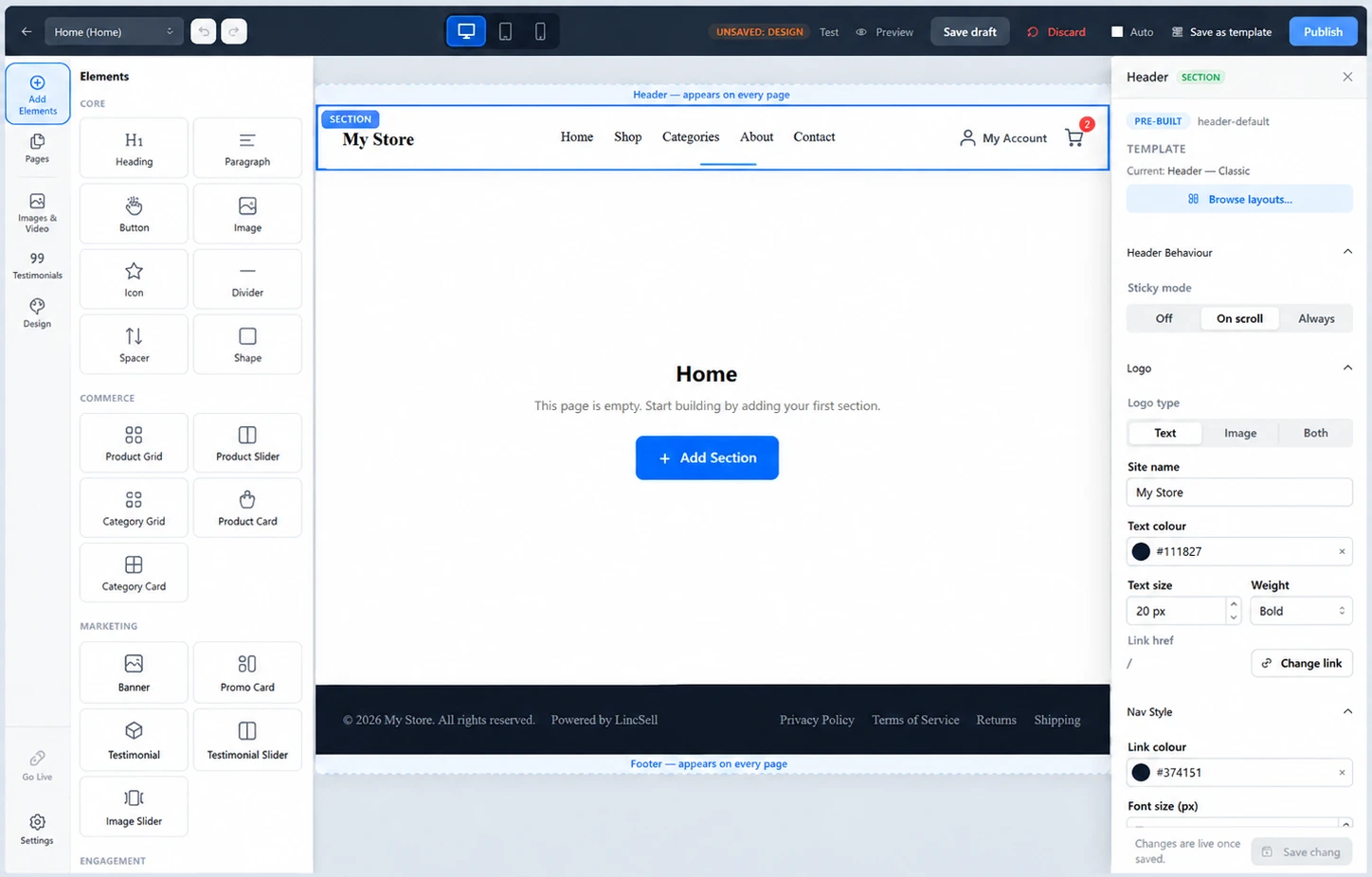 LincSell visual store editor with drag-and-drop elements and header settings